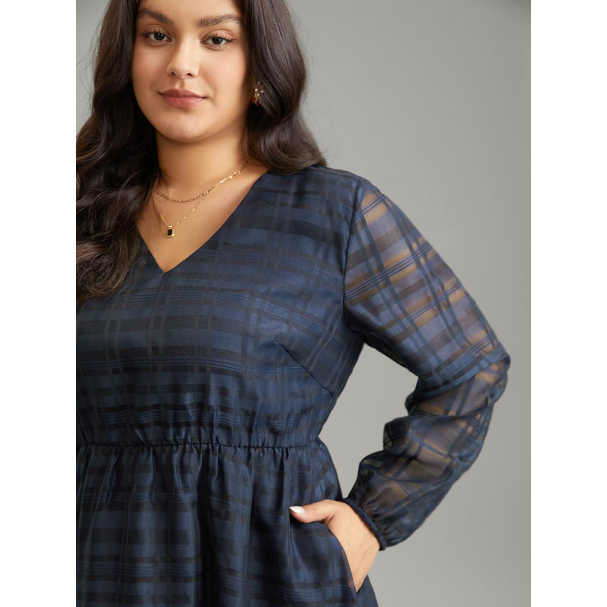 Plus Size Geometric Graphic Mesh Lantern Sleeve Dress DarkBlue Women Elegant Elastic cuffs V-neck Long Sleeve Curvy Midi Dress BloomChic 12/L Product Image