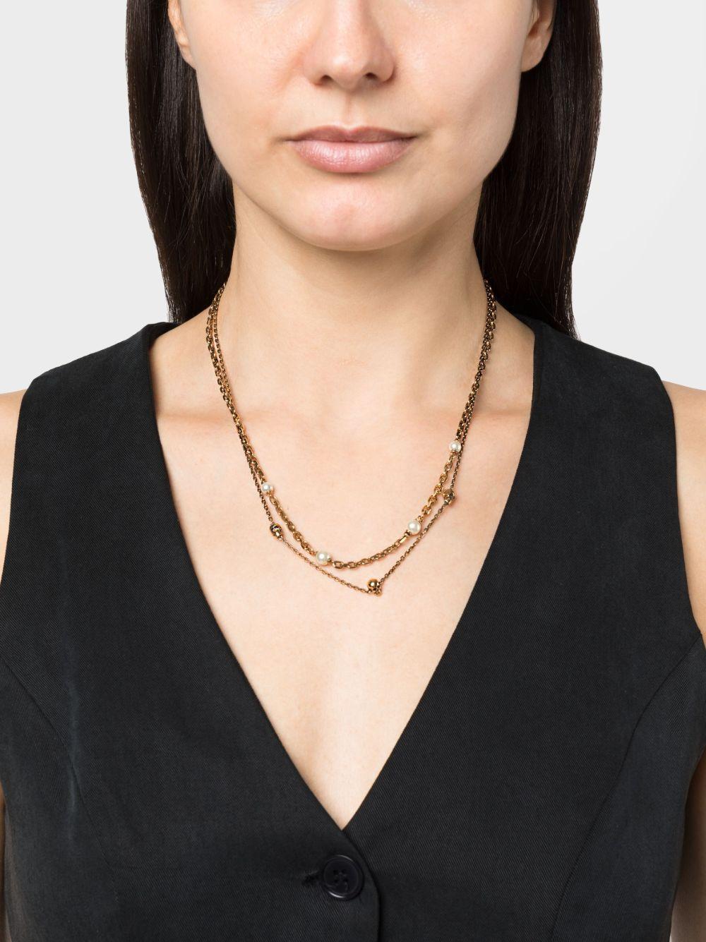 skull and pearl charm layered necklace Product Image