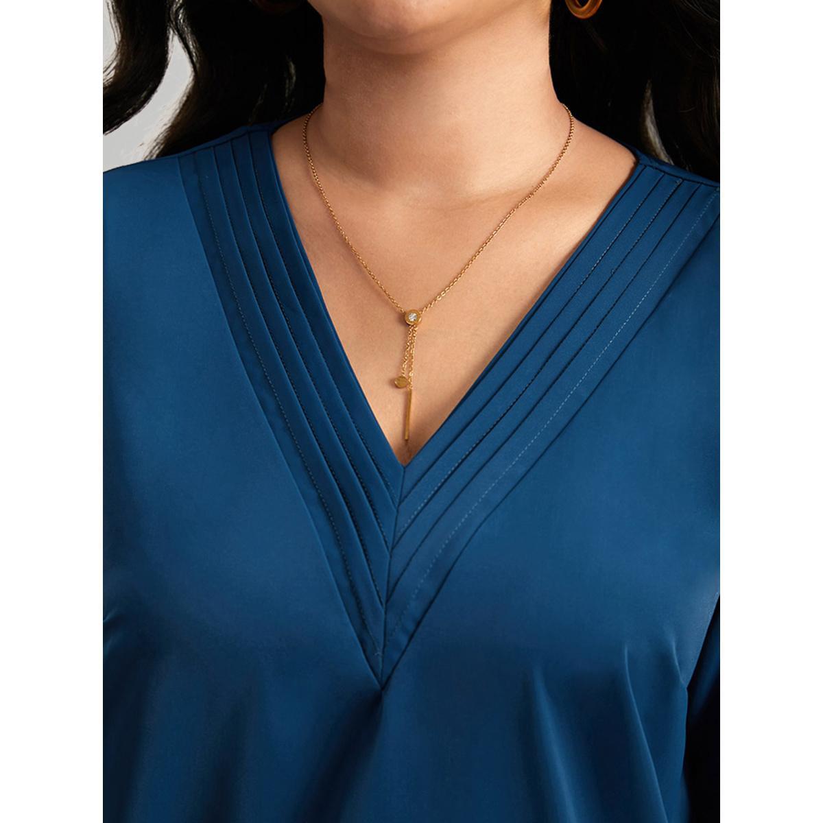 Plus Size Cyan V Neck Plain Pleated Tab Sleeve Blouse Women At the Office Elbow-length sleeve V-neck Work Blouses BloomChic 14-16/1X Product Image