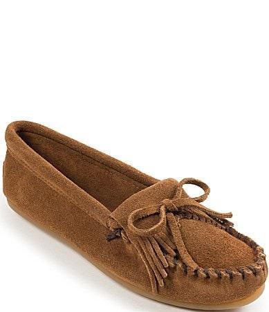 Minnetonka Kilty Suede Bow Detail Fringe Moccasins Product Image
