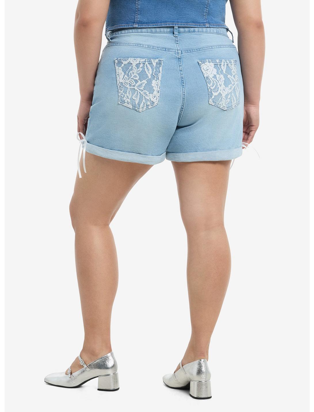 Light Indigo Lace-Up High-Rise Denim Mom Shorts Plus Size Product Image