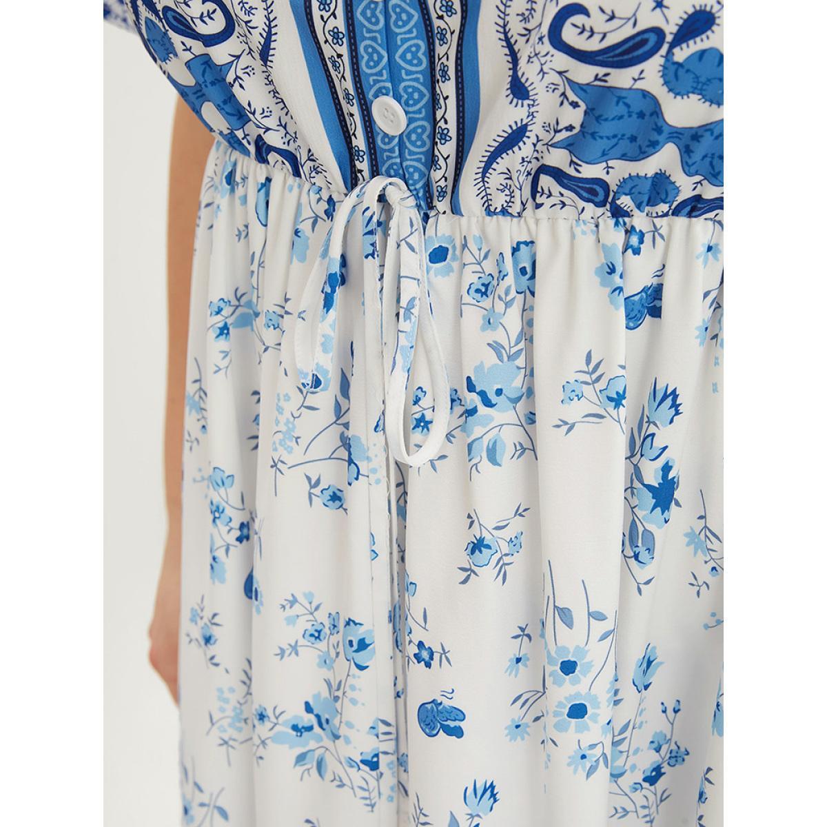 Plus Size Bandana Ruffle Sleeve Button Detail Pocket Ties Up Dress LightBlue Women Vacation Pocket V-neck Short sleeve Curvy Midi Dress BloomChic 14-16/1X Product Image
