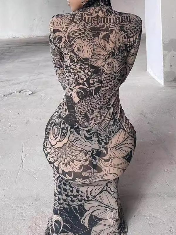 Long Sleeves Skinny Printed See-Through Split-Joint High Neck Evening Dresses Maxi Dresses Product Image