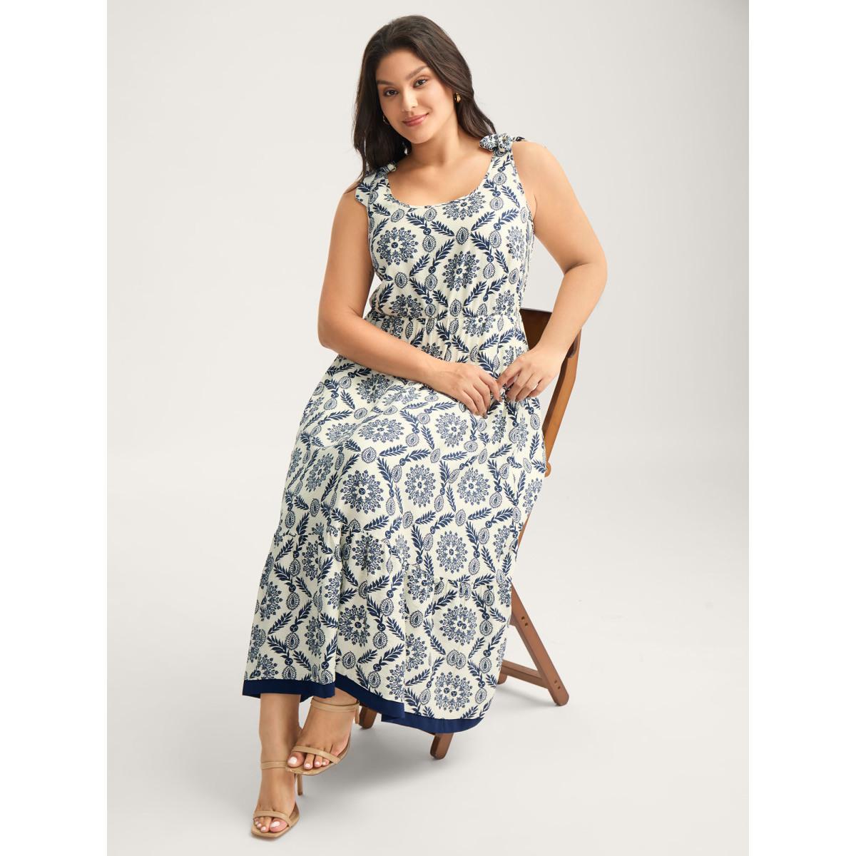 Plus Size Rayon Ornate Print Knotted Shoulder Dress WhiteSmoke Women Tie knot U-neck Sleeveless Curvy BloomChic 14-16/1X Product Image