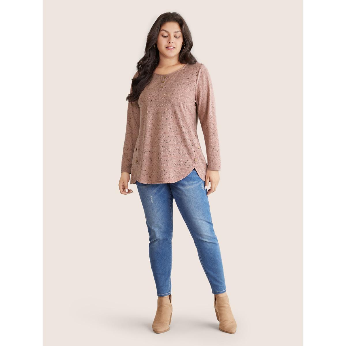 Plus Size Broderie Anglaise Button Detail Arc Hem T-shirt DustyPink Women Casual Texture Plain Round Neck Dailywear T-shirts BloomChic 30/6X Product Image