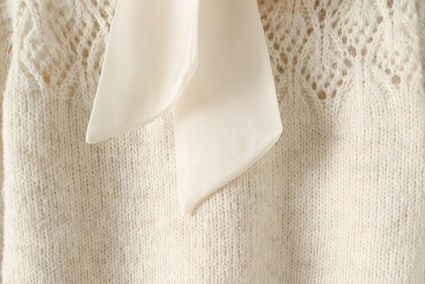 Tie-Neck Melange Pointelle Sweater Product Image