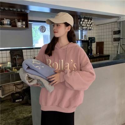 Long Sleeve Lettering Print Hooded Loose-Fit Sweatshirt Product Image