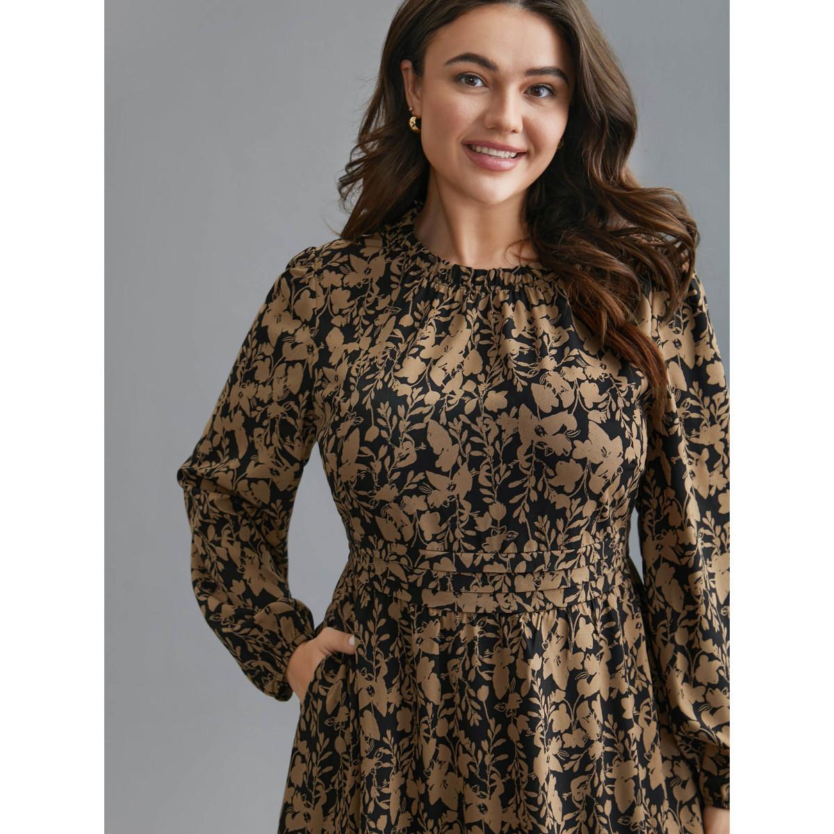 Plus Size Floral Mock Neck Ruffles Pleated Waist Dress Black Women Elegant Frill Trim Mock Neck Long Sleeve Curvy BloomChic 30/6X Product Image