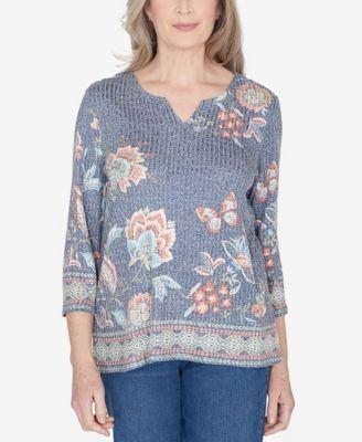 Women's Alfred Dunner Floral Border Split Neck Top, Size: Medium, Blue Team Product Image