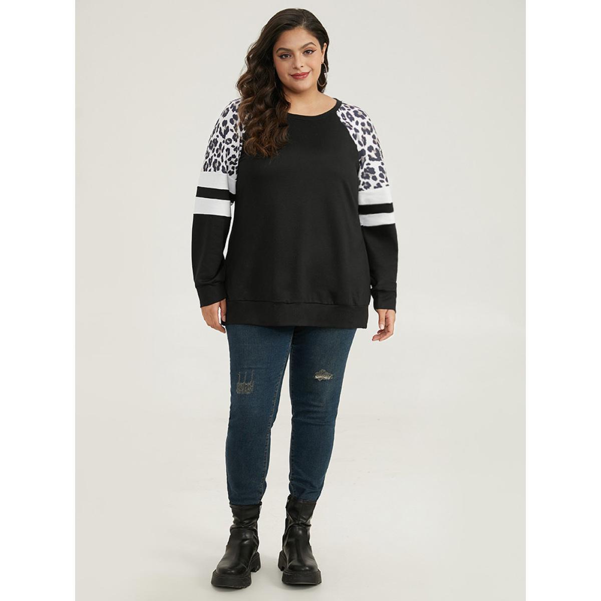 Plus Size Leopard Striped Patchwork Raglan Sleeve Sweatshirt Women Black Casual Contrast Round Neck Dailywear Sweatshirts BloomChic 14-16/1X Product Image