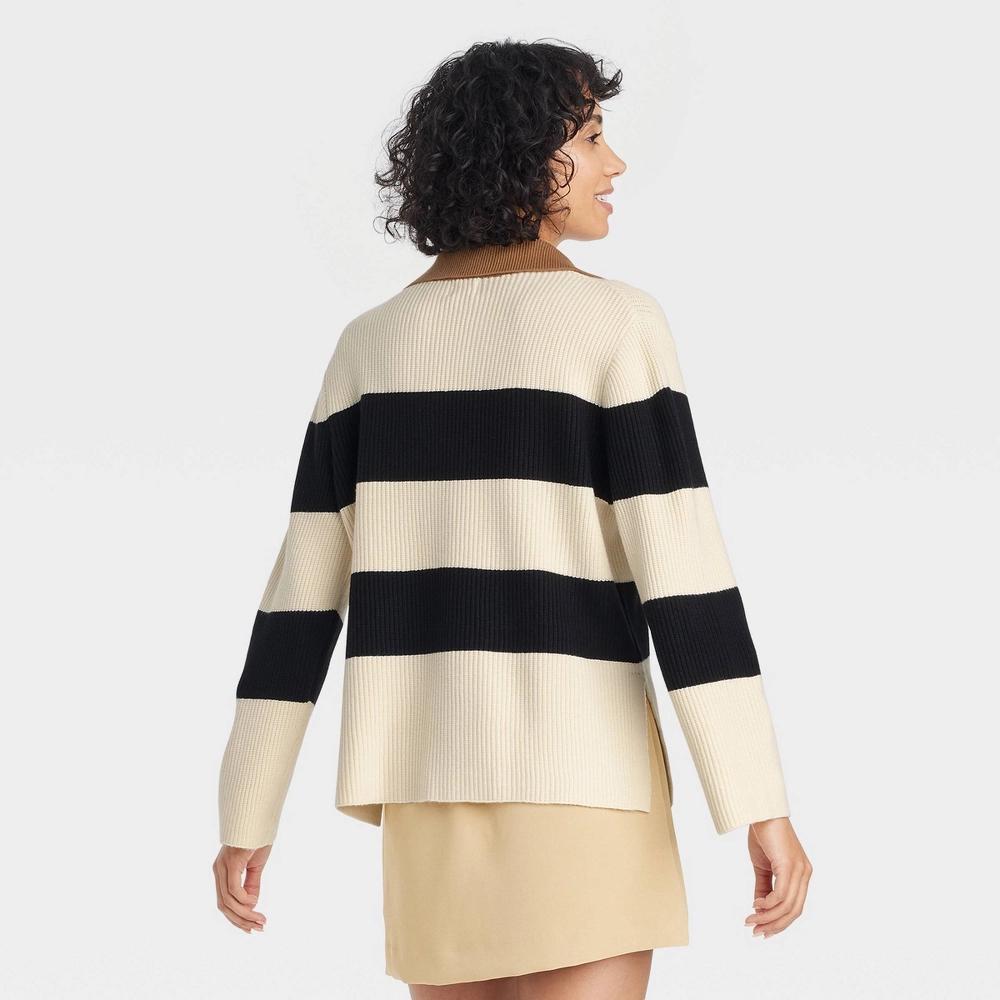 Women's Polo Pullover Sweater - A New Day™ Black Striped XL Product Image