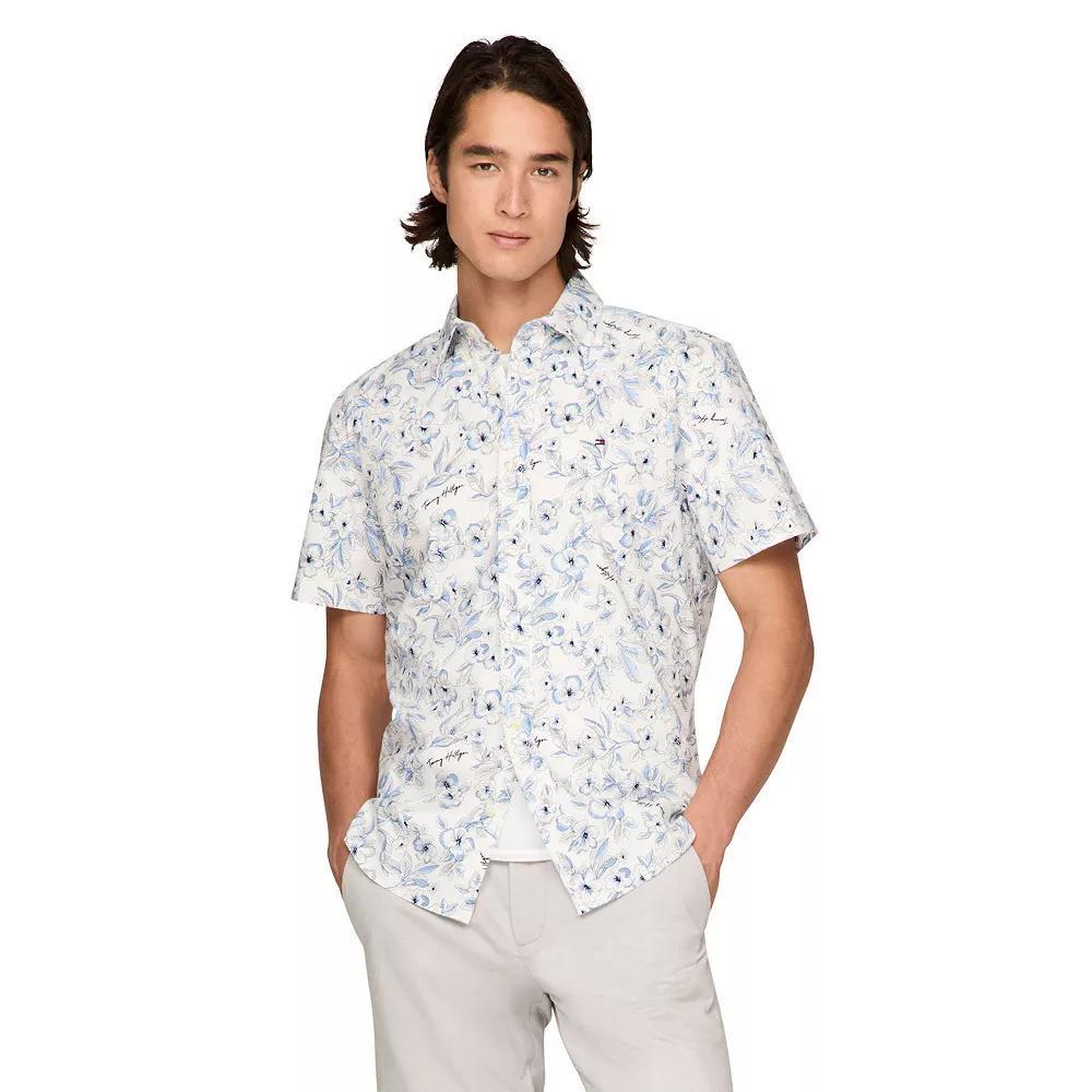 Men's Tommy Hilfiger Short Sleeve Printed Shirt, Size: Medium, Surf Blue Product Image