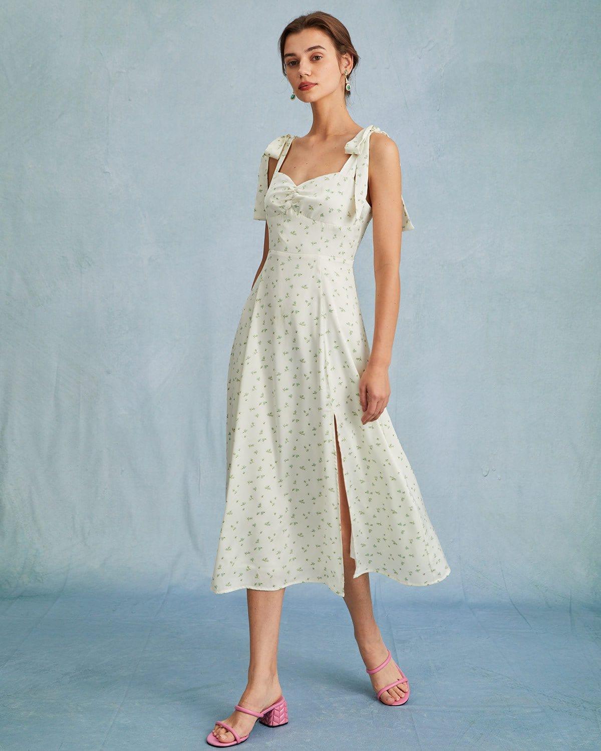 The Light Green Satin Floral Tie Strap Slit Midi Dress Product Image
