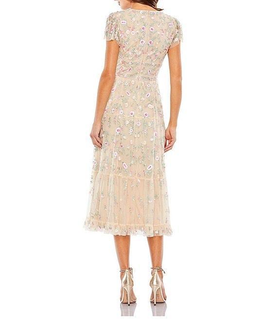 Mac Duggal Short Flutter Sleeve Plunge V-Neck Floral Print A-Line Dress Product Image
