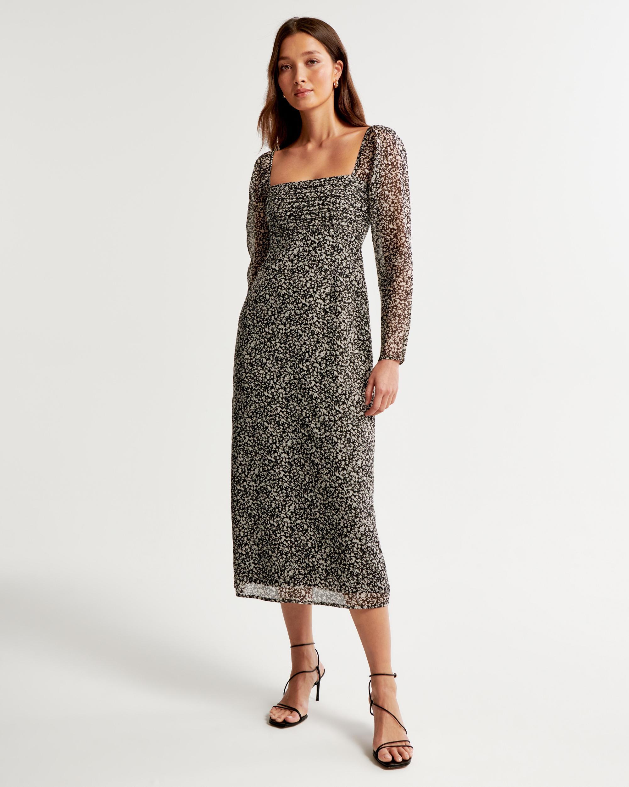 The A&F Emerson Chiffon Long-Sleeve Midi Dress Product Image