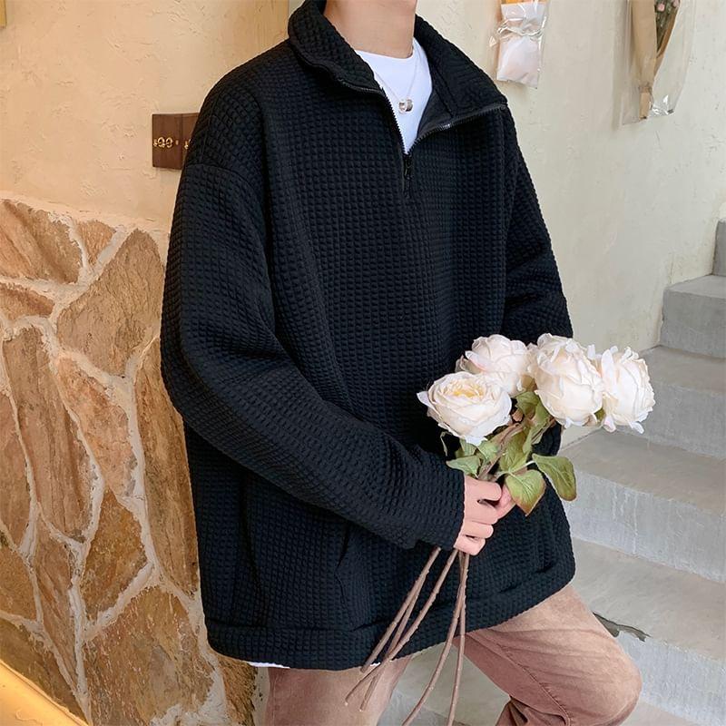Drop Shoulder Turtleneck Plain Waffle Oversized Sweatshirt Product Image