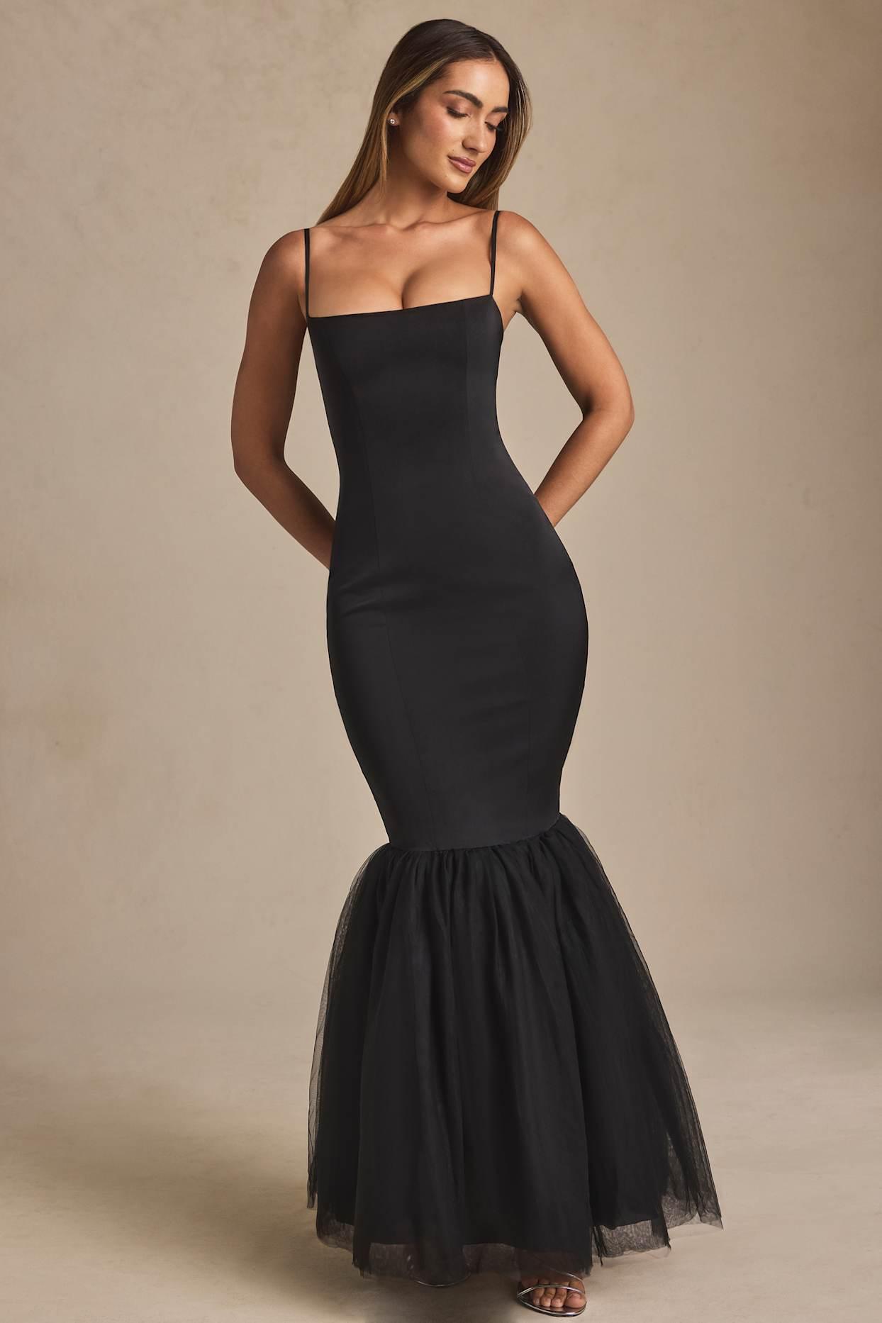 Tulle Hem Fishtail Gown in Black Product Image
