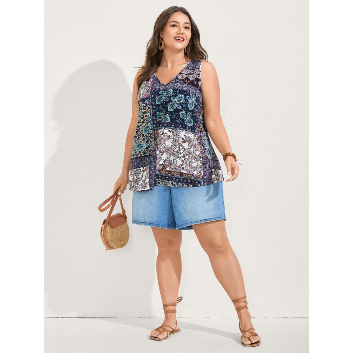 Plus Size Rayon Floral Contrast Collage Tank Top Women Multicolor V-neck Vacation Tank Tops Camis BloomChic 28/5X Product Image