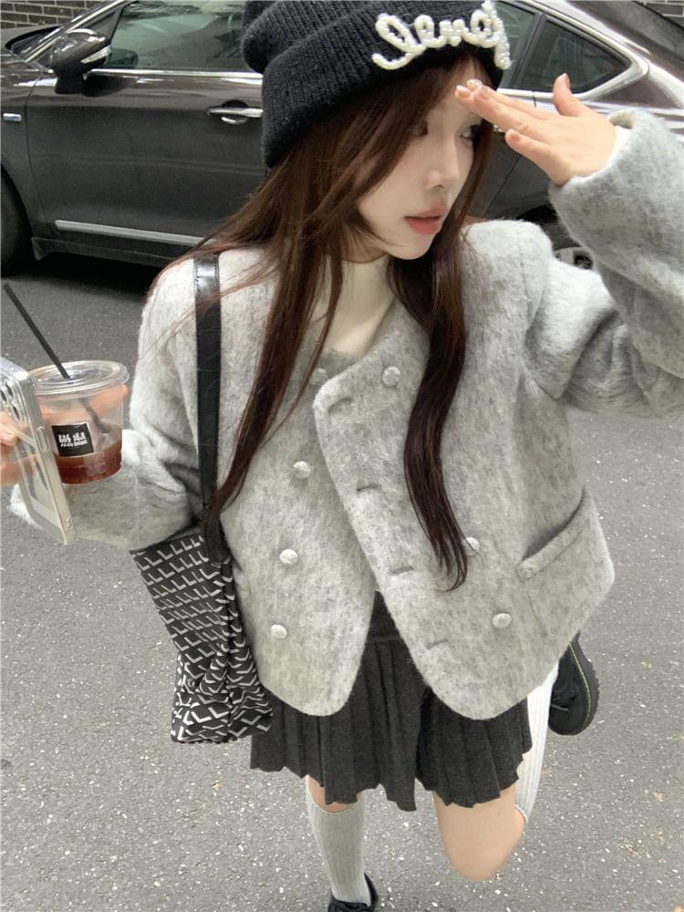 Round Neck Plain Double-Breasted Coat Product Image