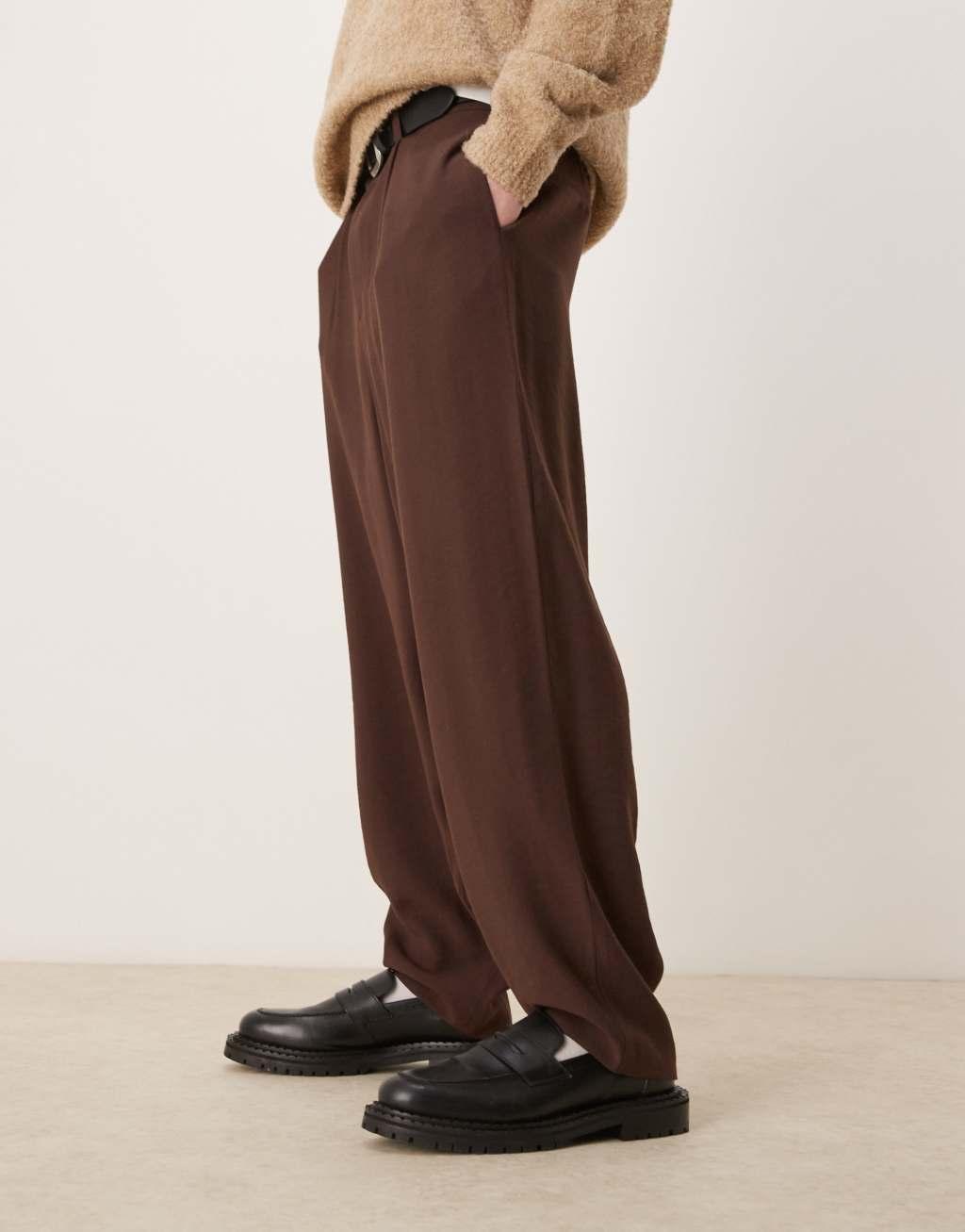ASOS DESIGN oversized tapered smart pants in brown Product Image