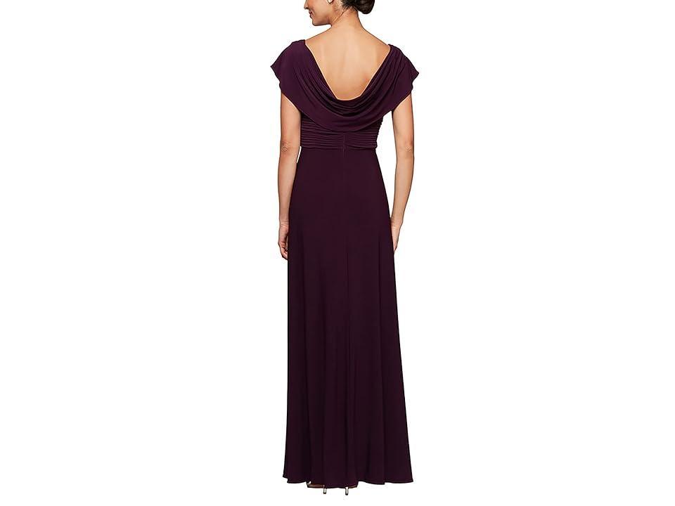 Alex Evenings Matte Jersey Cowl Neck Drape Back Detail Short Sleeve Side Embellishment Pleated Thigh High Slit Long Gown Product Image