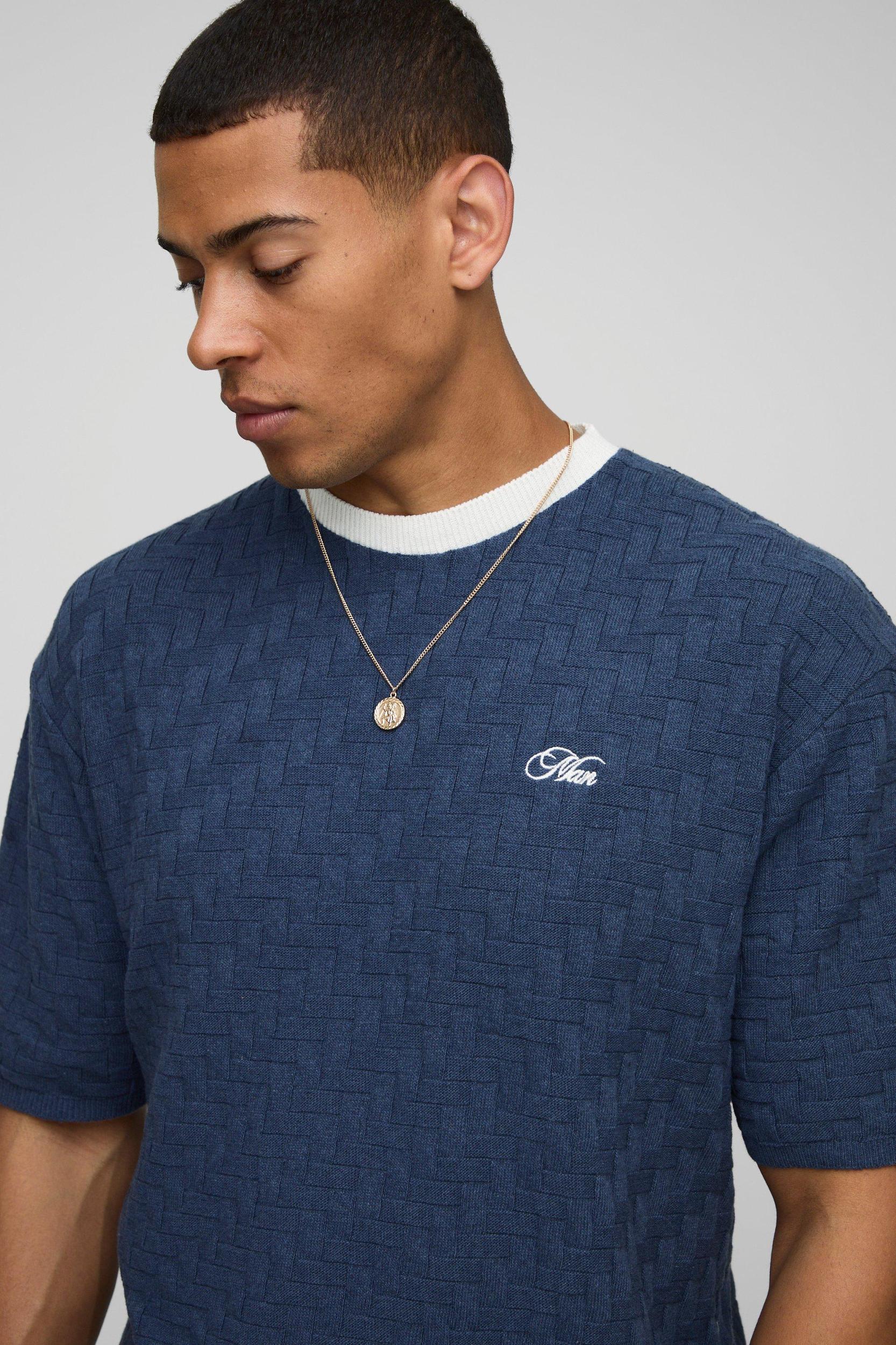 MAN Boxy Embroidered Crosshatch Knitted T-Shirt | boohooMAN USA Product Image