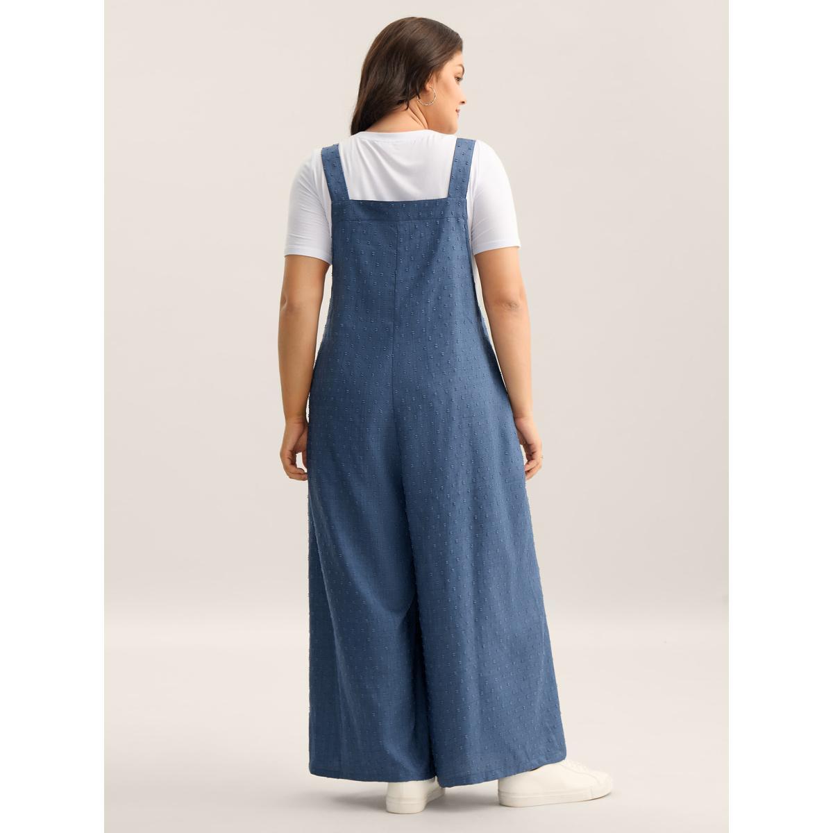 Plus Size Mediumblue Textured Plicated Detail Overall Straps Jumpsuit Women Sleeveless Square Neck Everyday-Casual Loose Jumpsuits BloomChic 30/6X Product Image