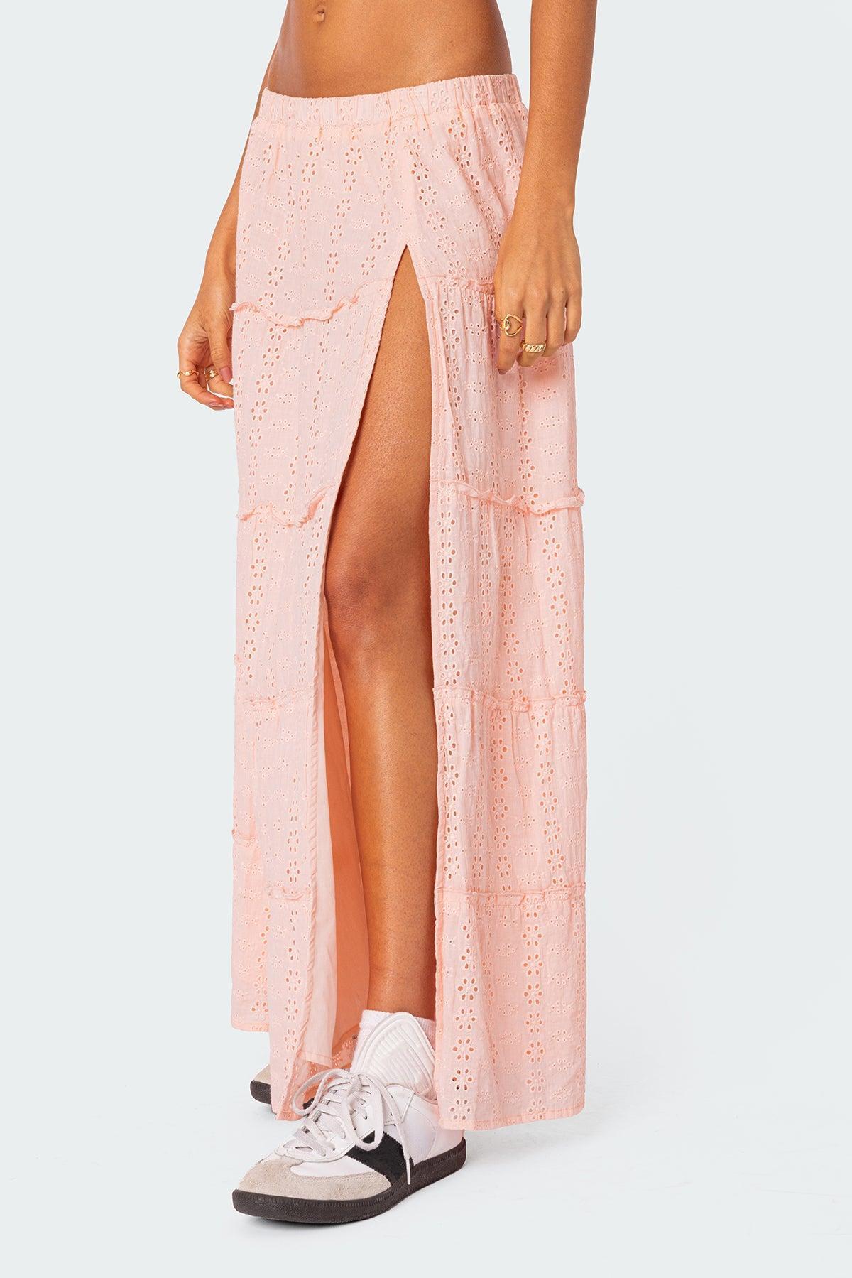 Tiered Eyelet Slitted Maxi Skirt Product Image