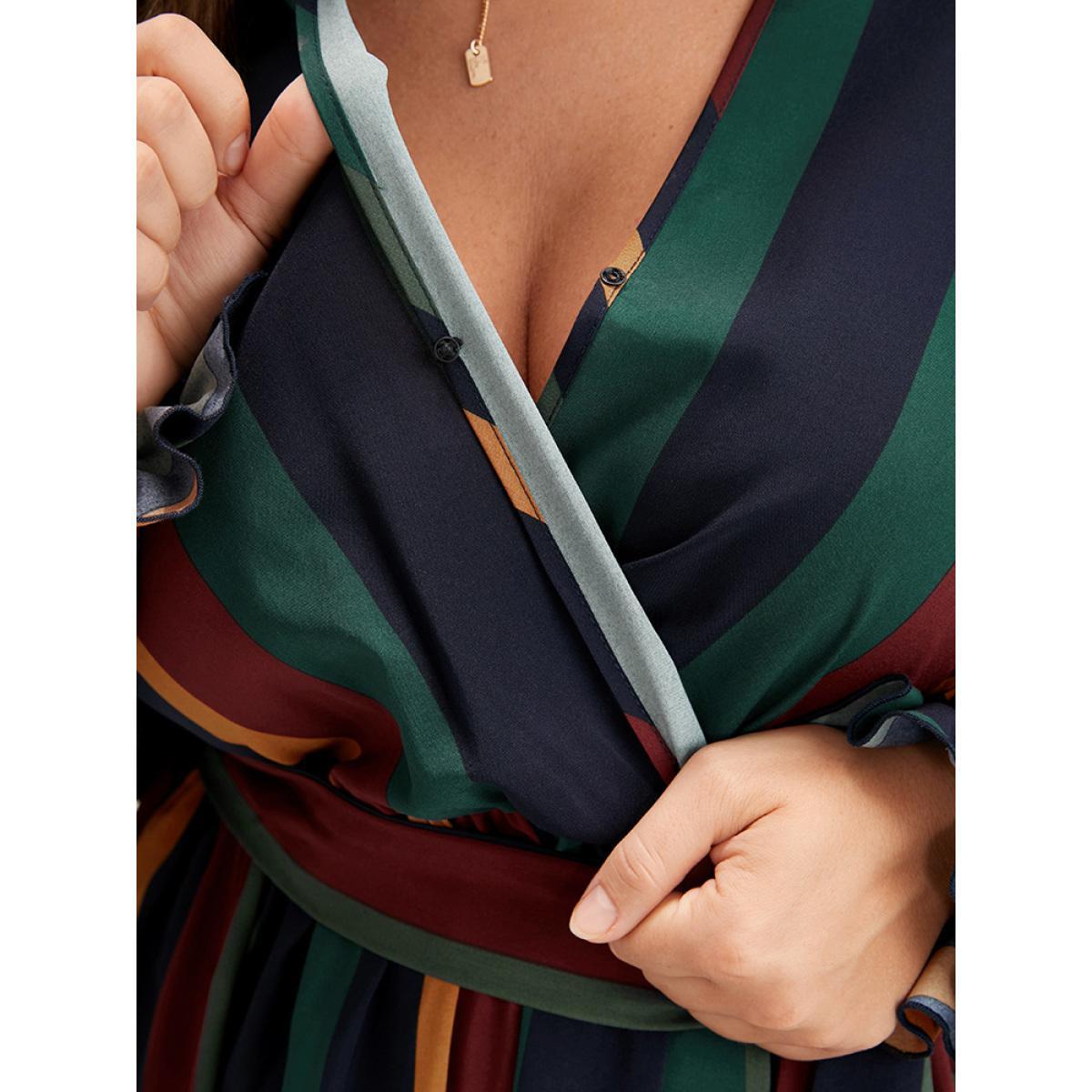 Plus Size Striped Pocket Dolman Sleeve Wrap Button Flutter Belted Split Dress Multicolor Women Vacation Cross straps V-neck Long Sleeve Curvy Long Dress BloomChic 30/6X Product Image