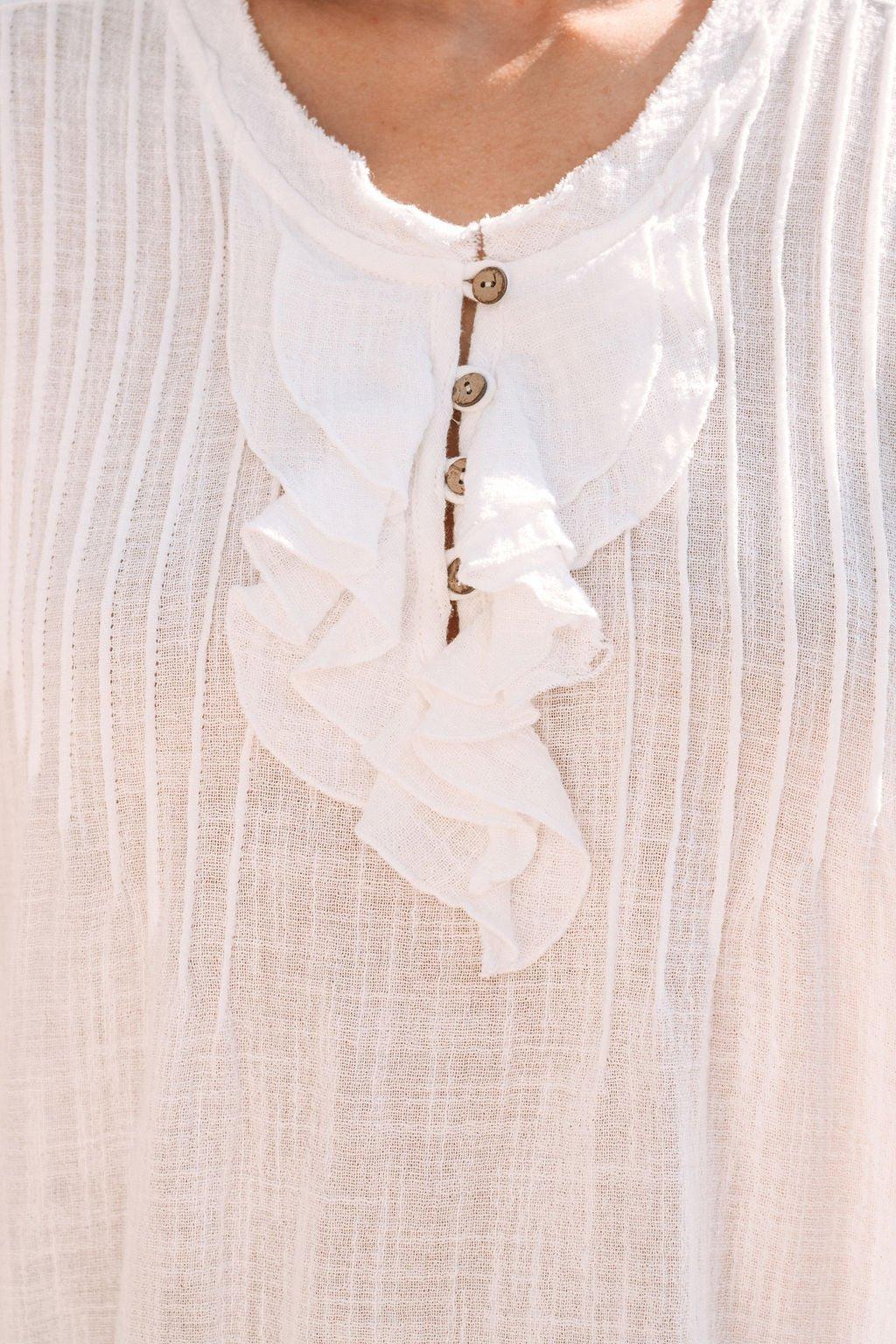 Short Sleeve Ruffle Linen Top - White - FINAL SALE Female Product Image