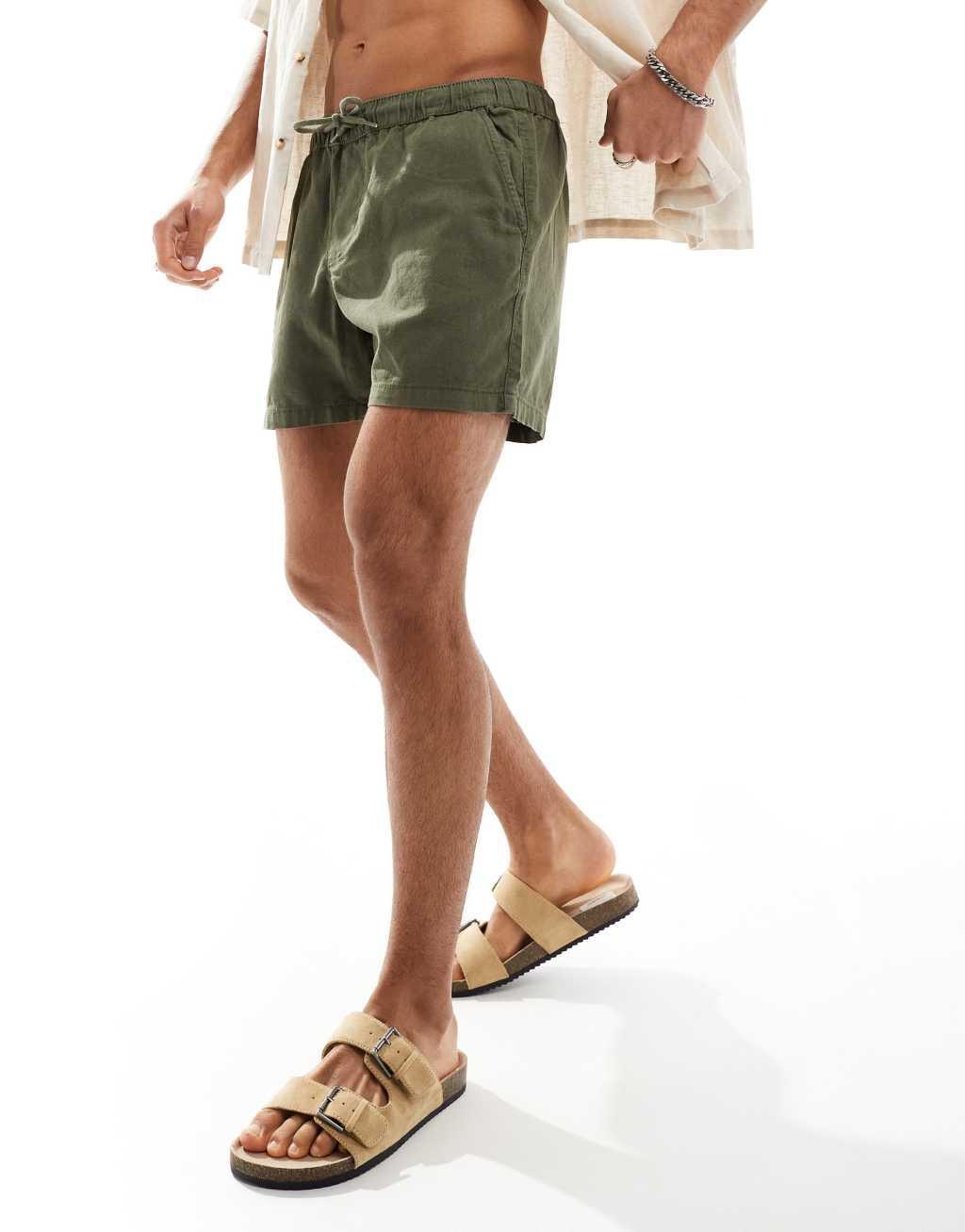ASOS DESIGN slim linen mix shorts in stone/khaki 2 pack Product Image
