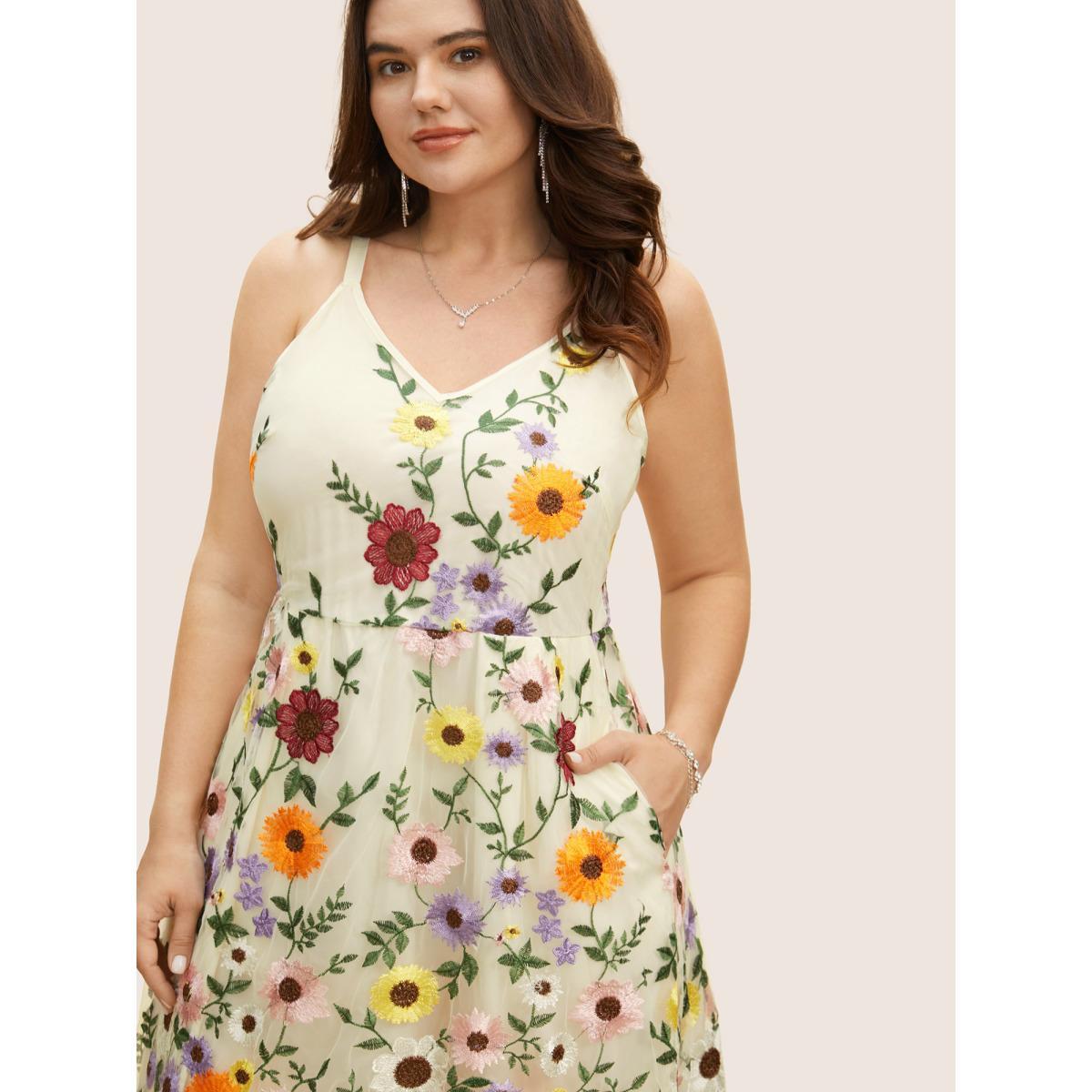 Plus Size V Neck Floral Embroidered Mesh Cami Dress Ivory Women Formal Embroidered V-neck Sleeveless Curvy BloomChic 30/6X Product Image