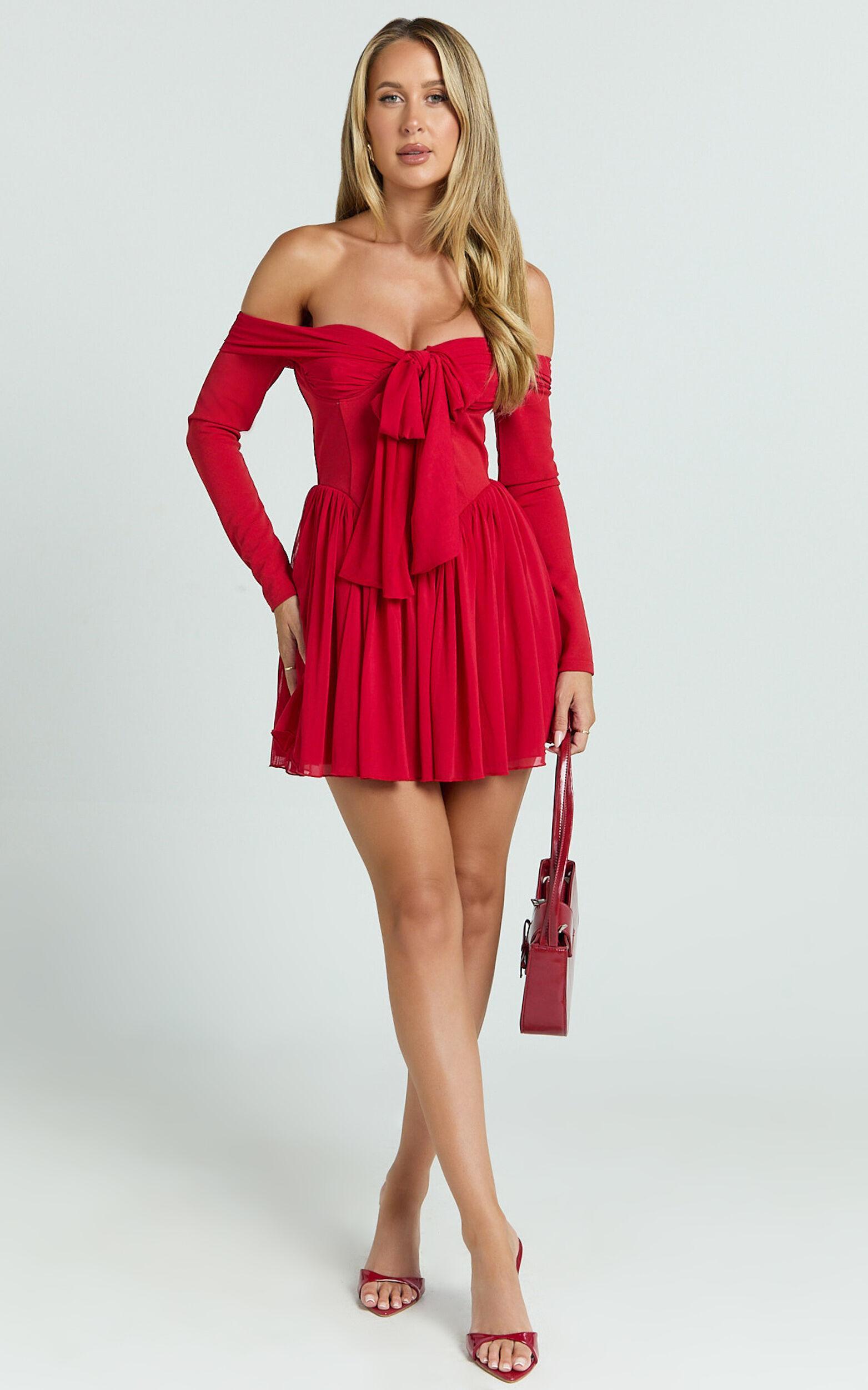 Bennett Mini Dress - Off Shoulder Long Sleeve V Waist Dress in Red Product Image