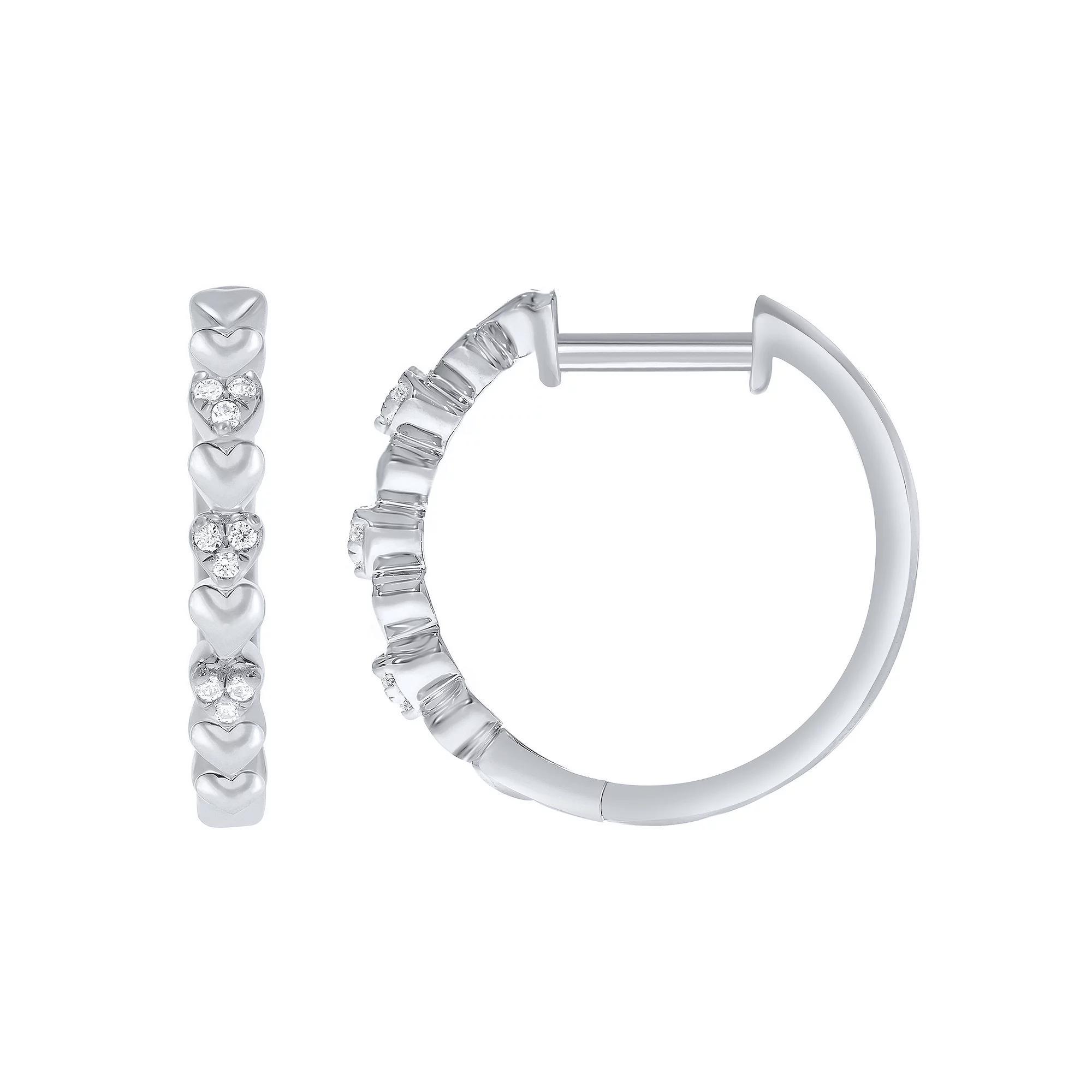 10k Gold 1/10 Carat T.W. Diamond Heart Hoop Earrings, Women's, 10k White Gold Product Image