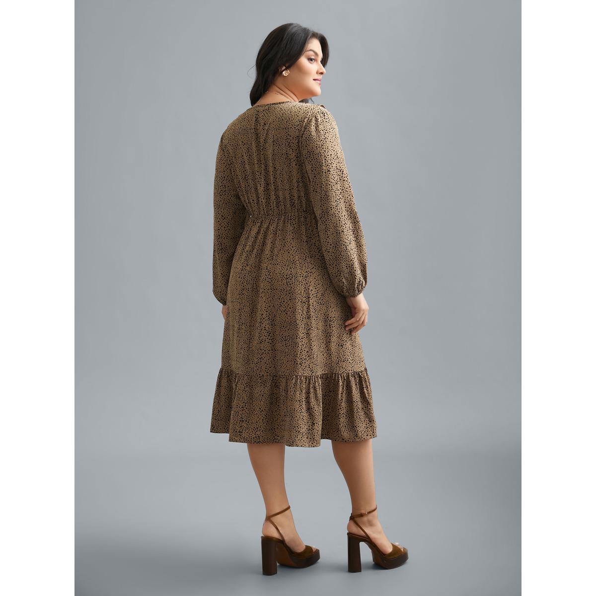 Plus Size Ruffled Neck Stretchy Waist Tiered Midi Dress Tan Women Elegant Tie knot Overlap Collar Long Sleeve Curvy BloomChic 26/4X Product Image