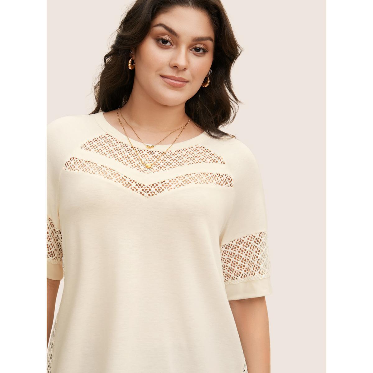 Plus Size Solid Hollow Out Raglan Sleeve T-shirt Beige Women Casual Patchwork Round Neck Everyday T-shirts BloomChic 26/4X Product Image