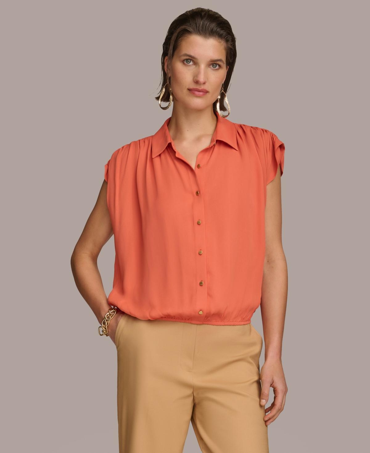 Donna Karan Womens Button-Front Short Sleeve Blouse Product Image