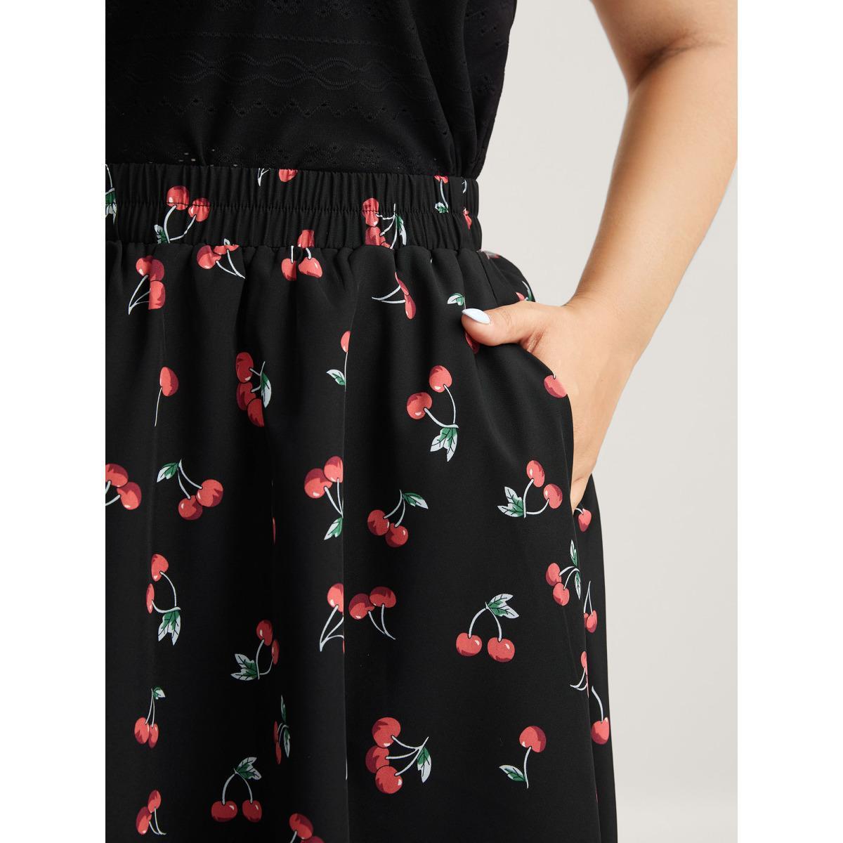 Plus Size Cherry-licious Pleated Midi Skirt Women BlackFlower Casual Loose Low stretch Side seam pocket Everyday-Casual Skirts BloomChic 28/5X Product Image