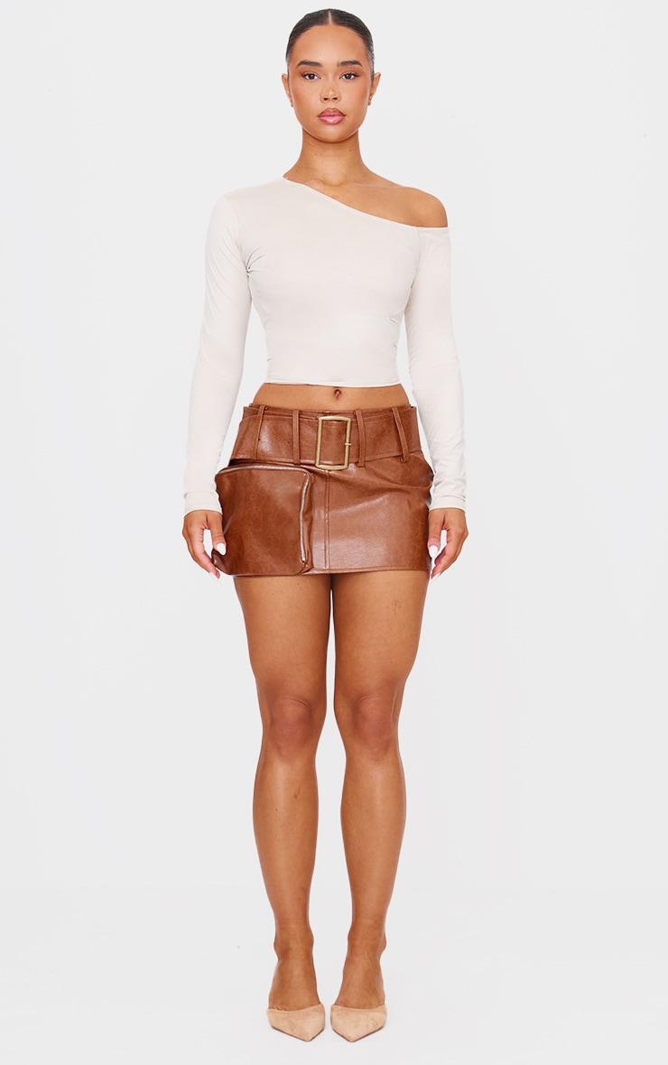 Premium Brown Washed Faux Leather Belt Zip Mini Skirt Product Image