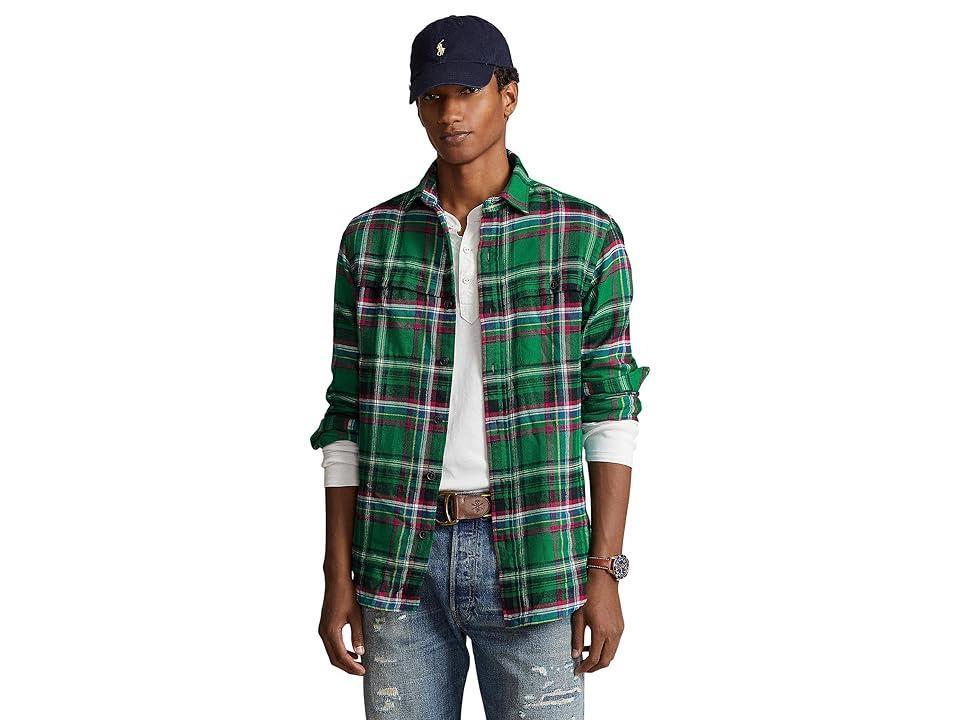 Polo Ralph Lauren Classic Fit Suede Patch Plaid Workshirt (Green Multi) Men's Long Sleeve Button Up Product Image