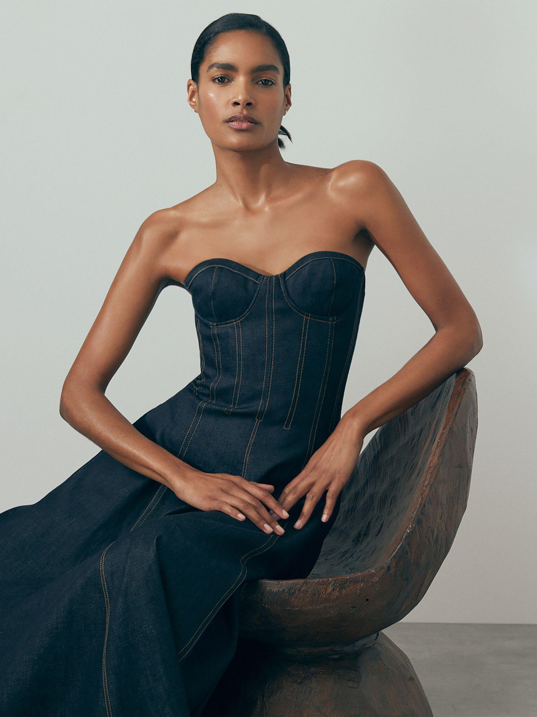 Atelier Strapless Denim Midi Dress in Blue Product Image