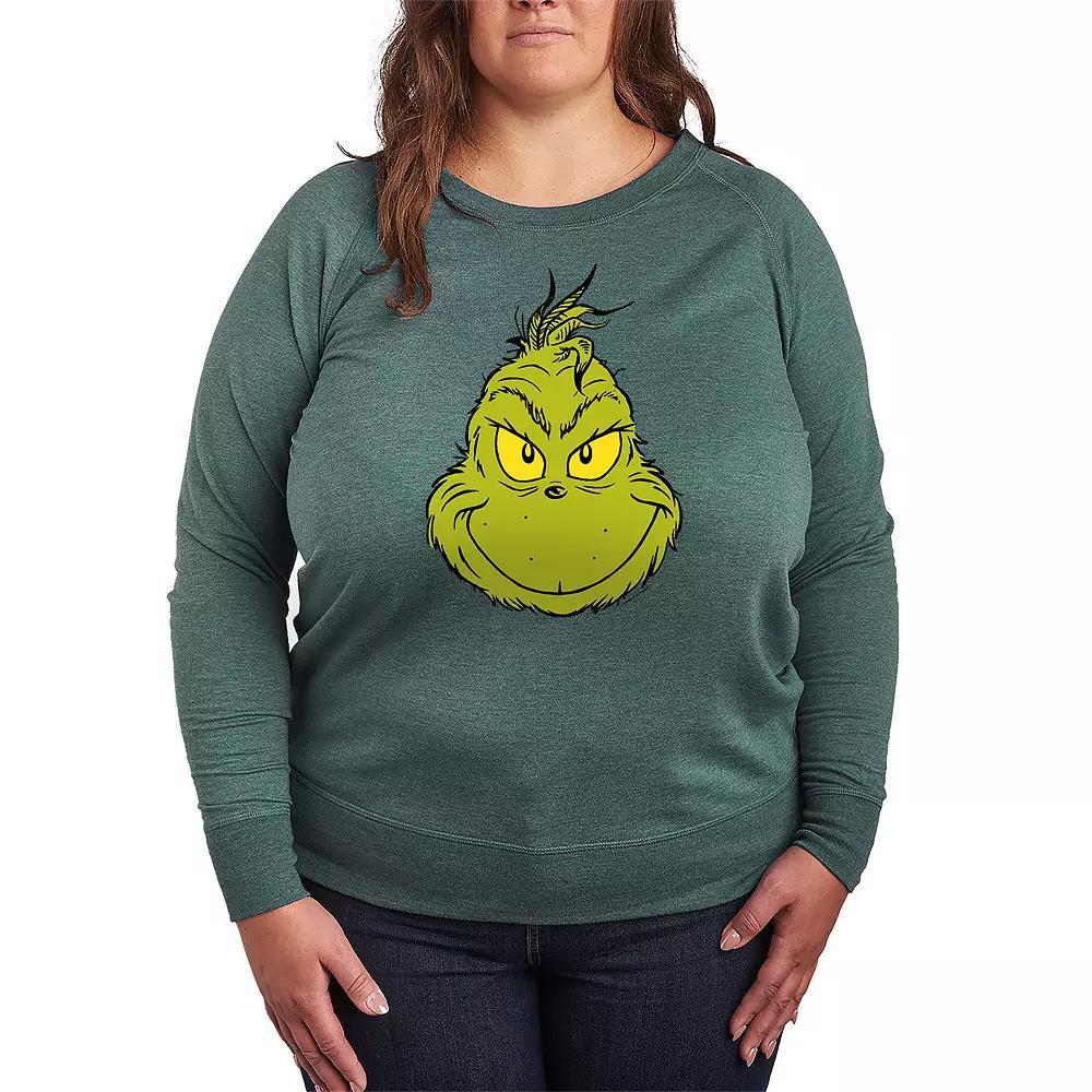 Plus Size Dr. Seuss The Grinch Face French Terry Long Sleeve Tee, Womens Grey Green Product Image