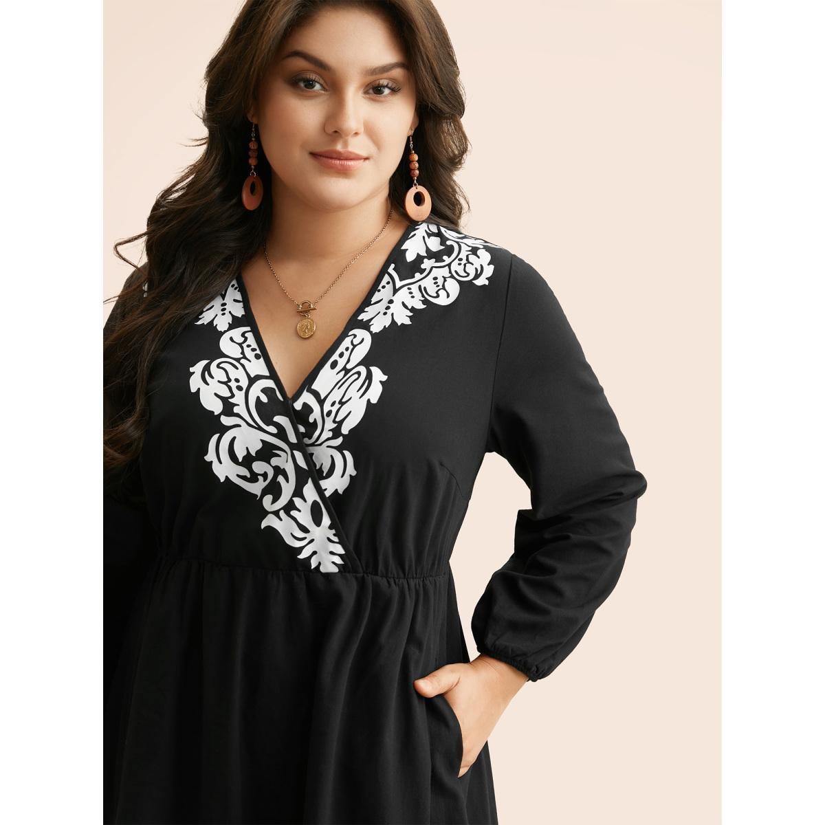 Plus Size Boho Print Overlap Collar Midi Dress Black Women Resort Non Overlap Collar Long Sleeve Curvy BloomChic 10/M Product Image