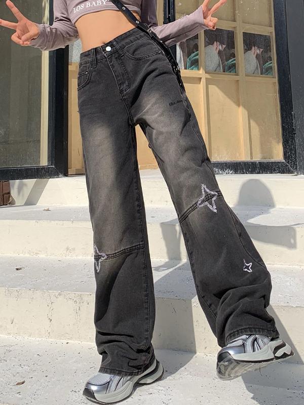 Star Embroidery High Rise Boyfriend Jeans Product Image