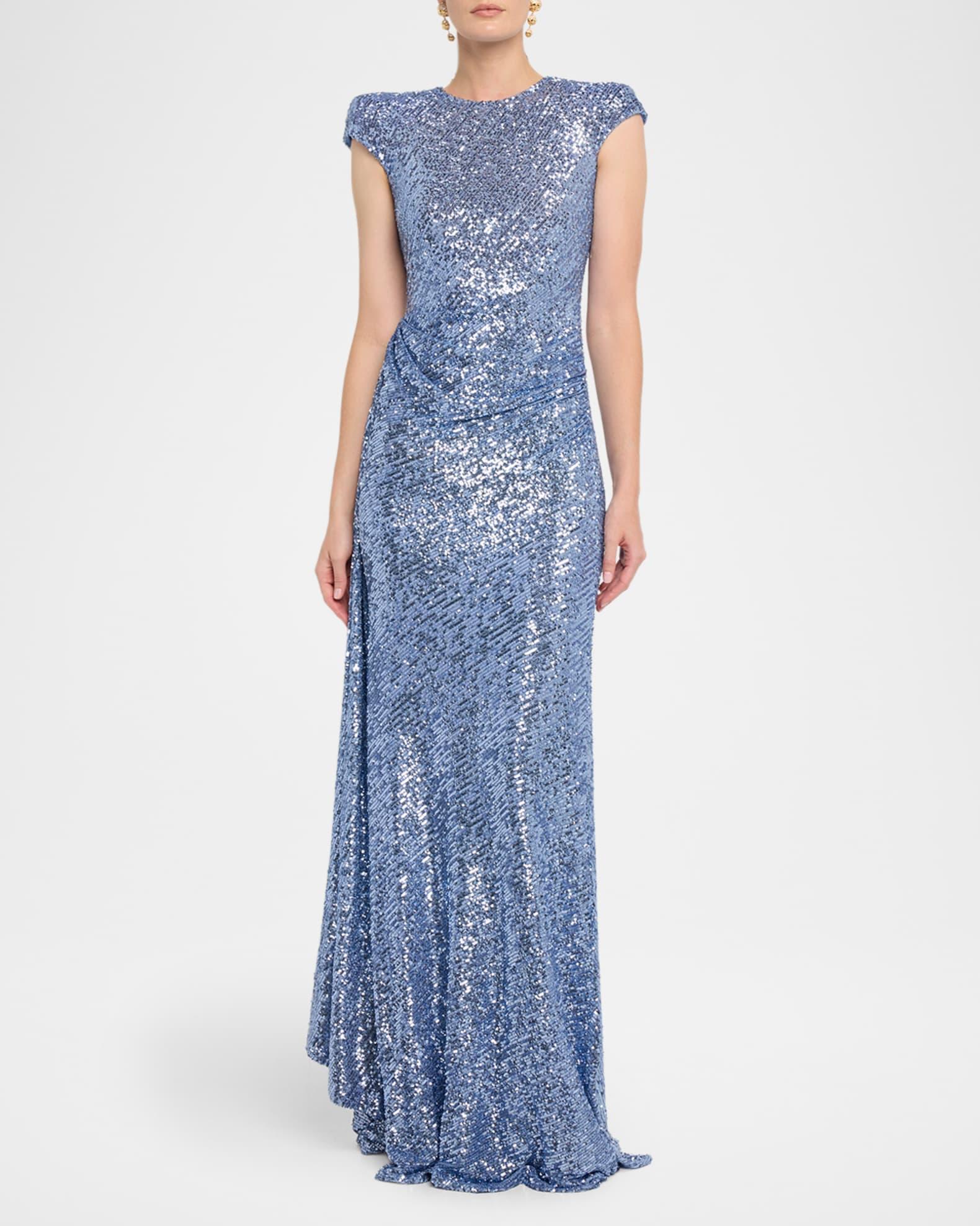 Draped Sequin Cap-Sleeve Gown Product Image