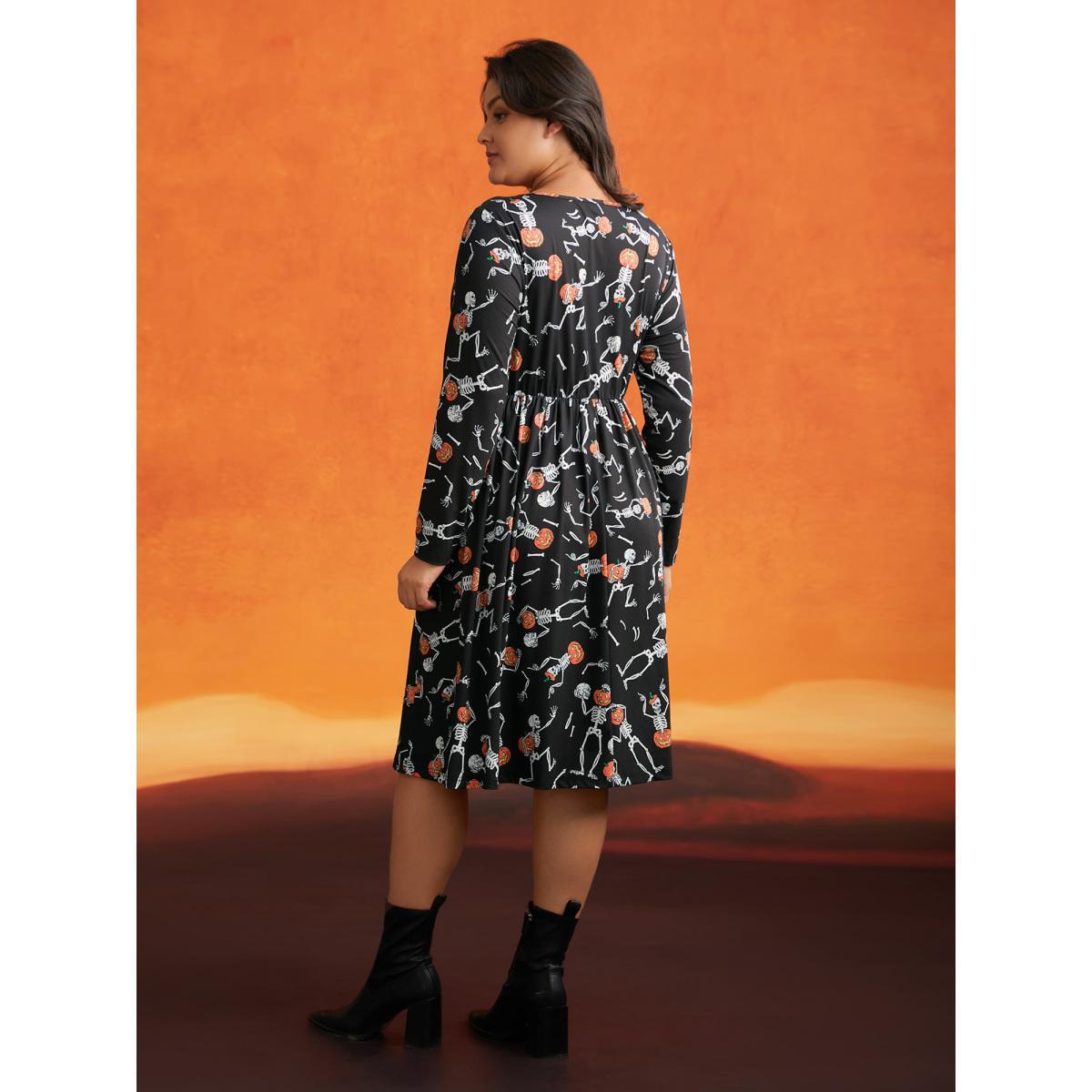 Plus Size Pumpkin Skeleton Elastic Waist Midi Dress Black Women Cocktail Non Party Curvy Bloomchic 26/4X Product Image