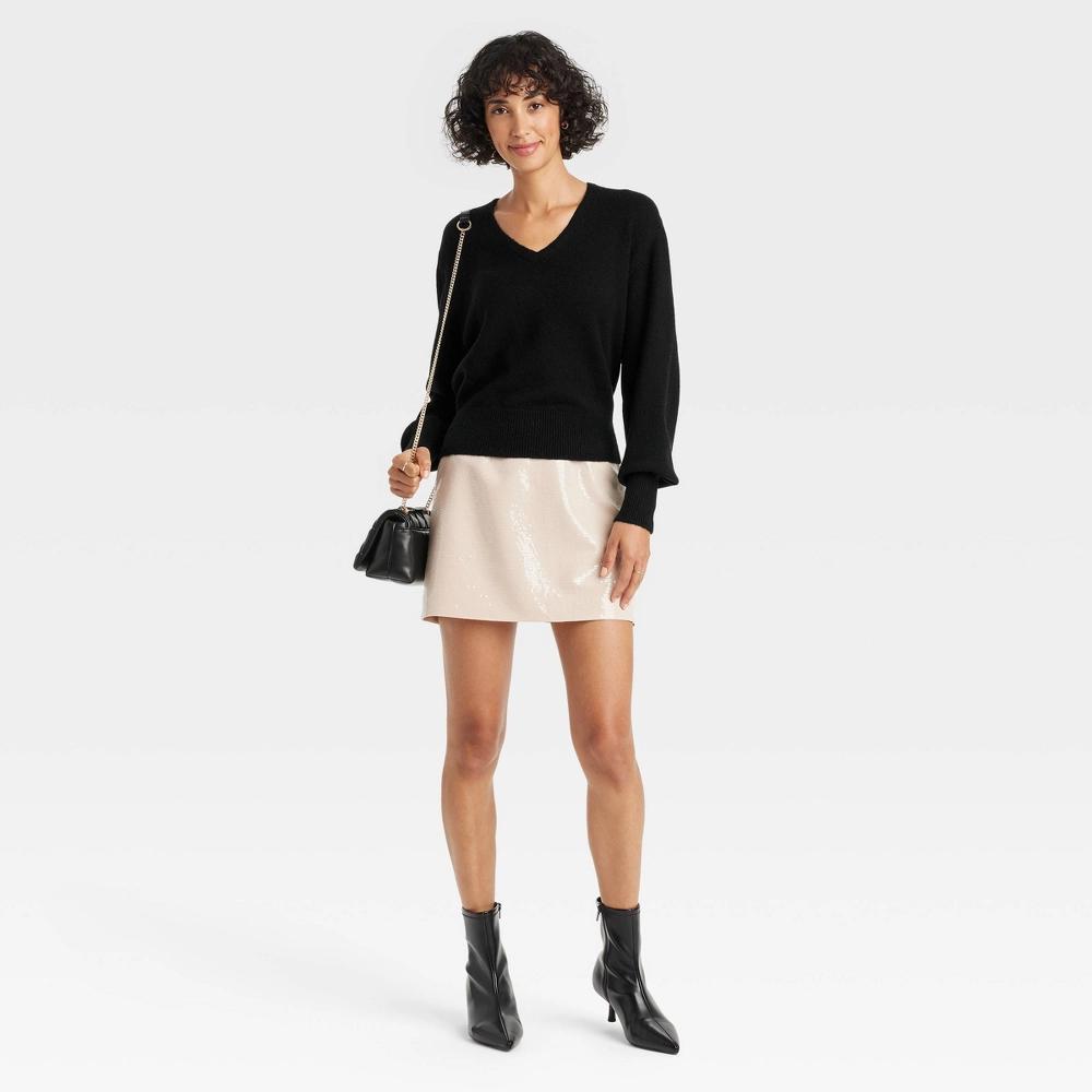 Womens Cozy Knit V-Neck Pullover Sweater - A New Day Black M Product Image