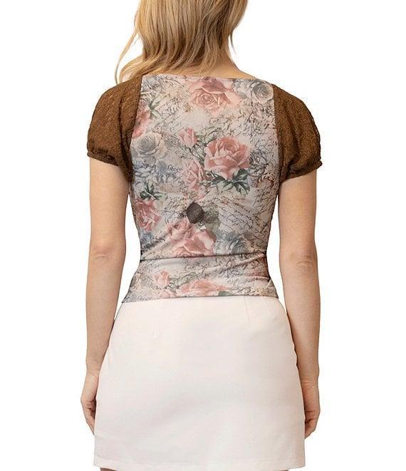 Stevie By Steve Madden Lace Floral Print Surplus Neck Cap Sleeve Top Product Image