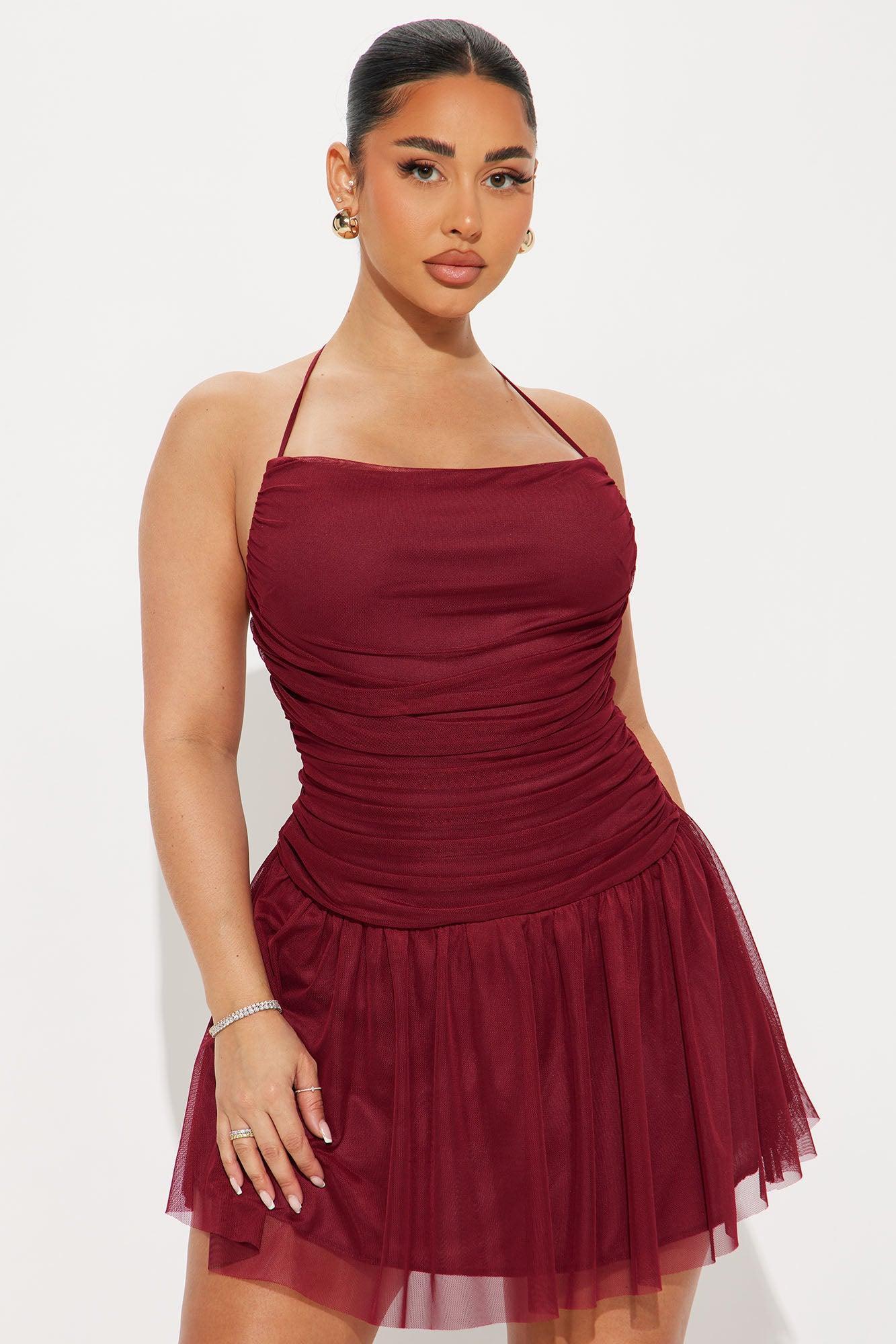 Sella Ruched Mesh Mini Dress - Wine Product Image