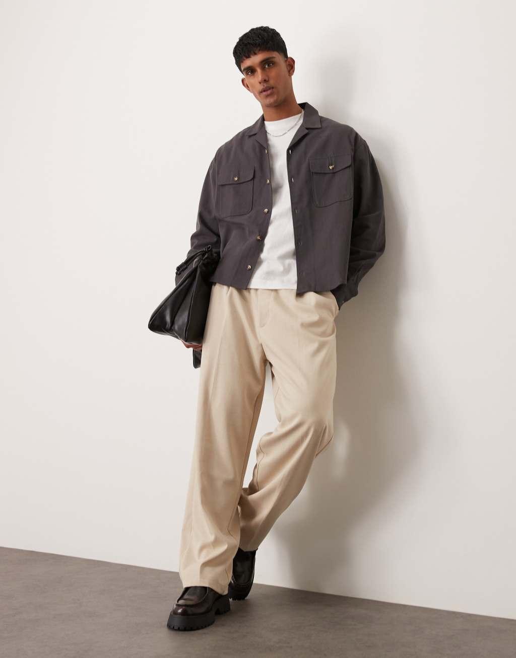 ASOS DESIGN boxy overshirt with revere collar in dark gray Product Image